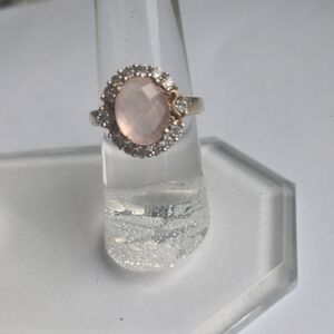 Rose Quartz Gold plated Gemstone Ring. Zircon Halo. QVC, New, Size 6 1/2